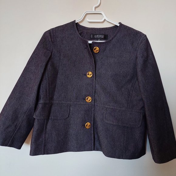 Kasper Dark Grey Cotton Blend Stretchy Jean Gold Gold Anchor Button Blazer (6P) - Picture 1 of 13